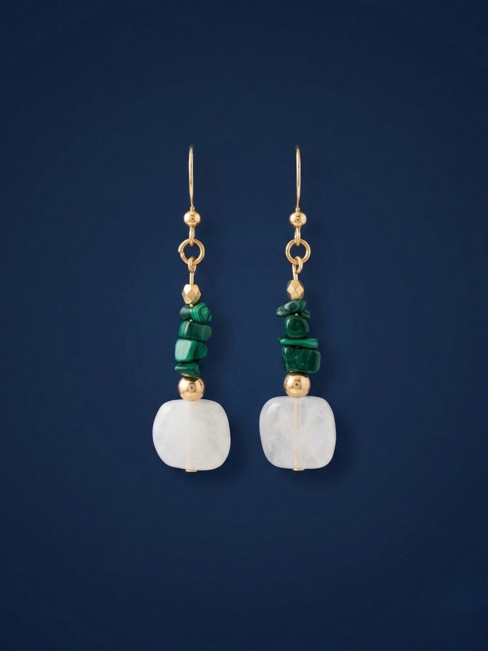 Handmade Gold, Green & White Stone Drop Earrings - Women Jewelry